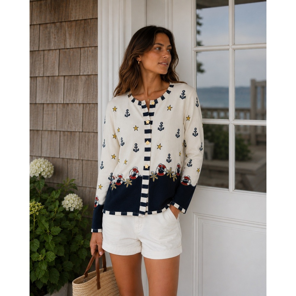 Vintage Nautical Coastal Sailor Stars Grandma Cardigan Size L Artsy Art to Wear